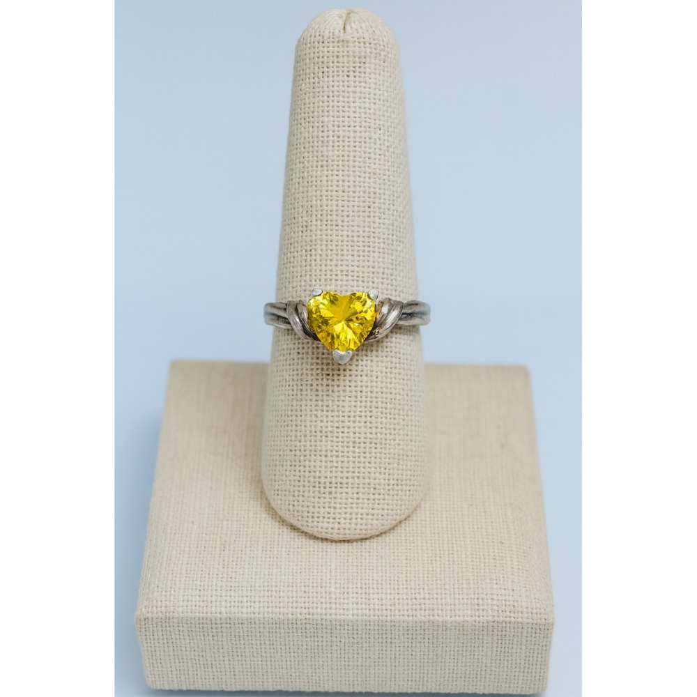 Vintage Sterling Silver Yellow Heart Shaped Citrine Stone Statement Ring Dainty